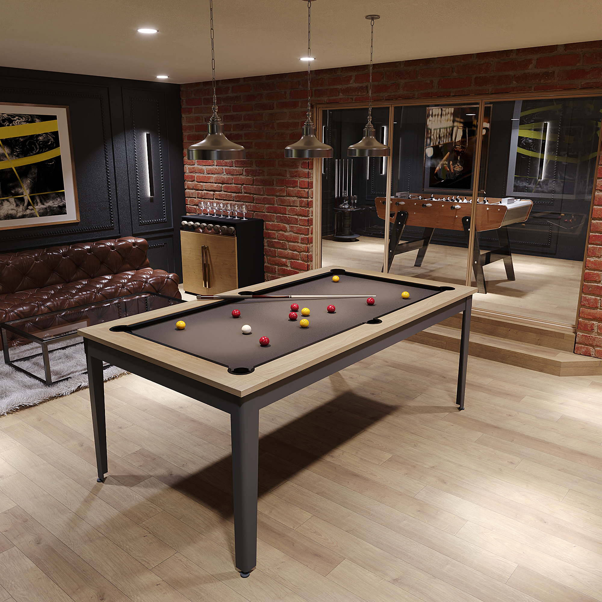 salle de jeu avec table de billard et babyfoot